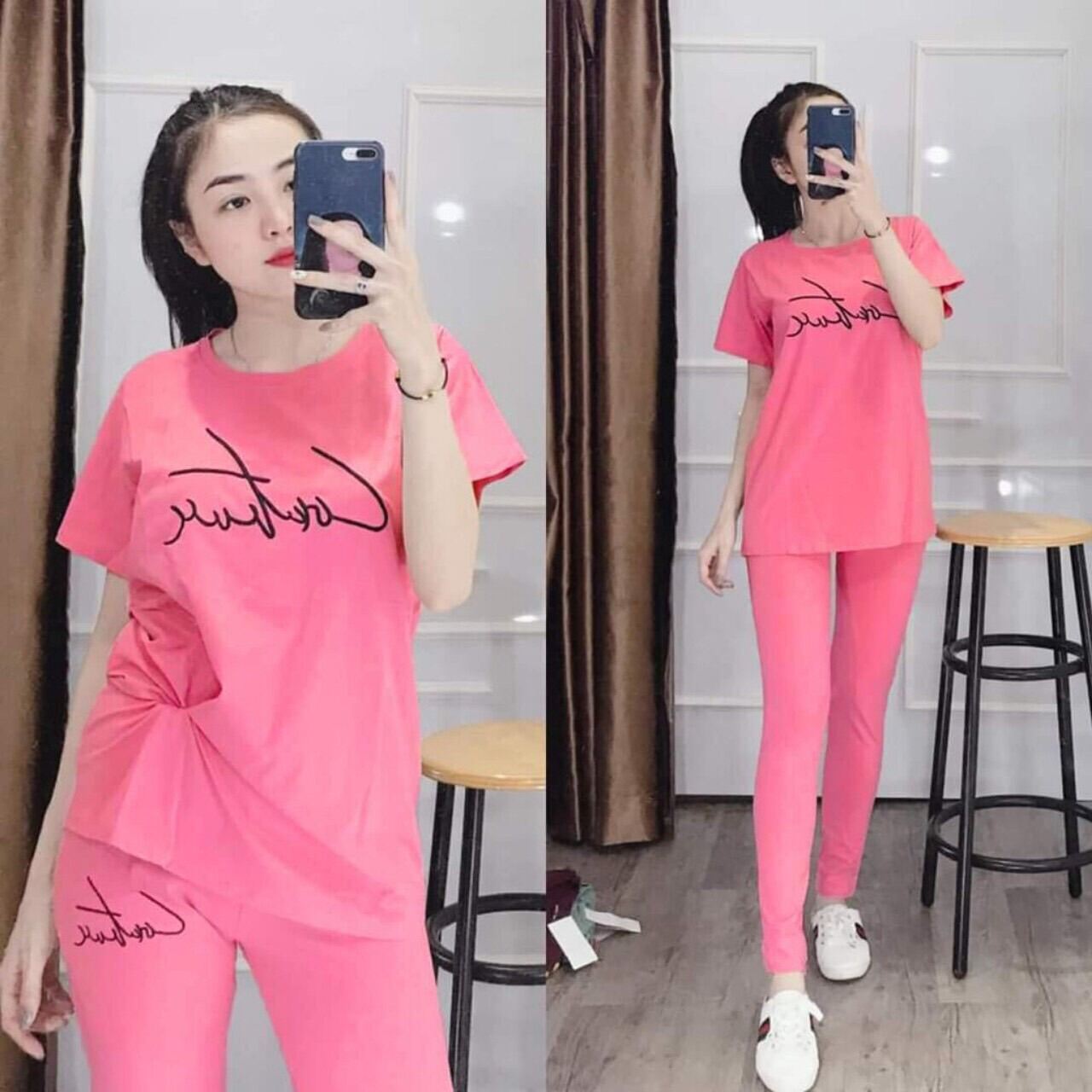 Set bộ đồ bộ dài mặc nhà thêu chữ dễ thương
