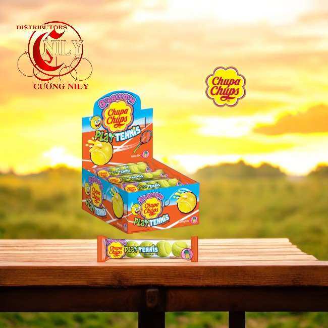 HỘP BUBBLE GUM CHUPA CHUS PLAY TENNIS HƯƠNG DỨA 360GR (20 gói x 18gr)