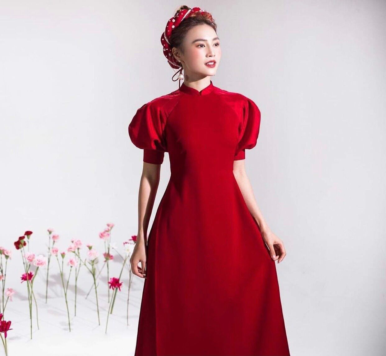 Mấn nhung đỏ đô đính hạt cao cấp, Vấn nhung màu đỏ đô
