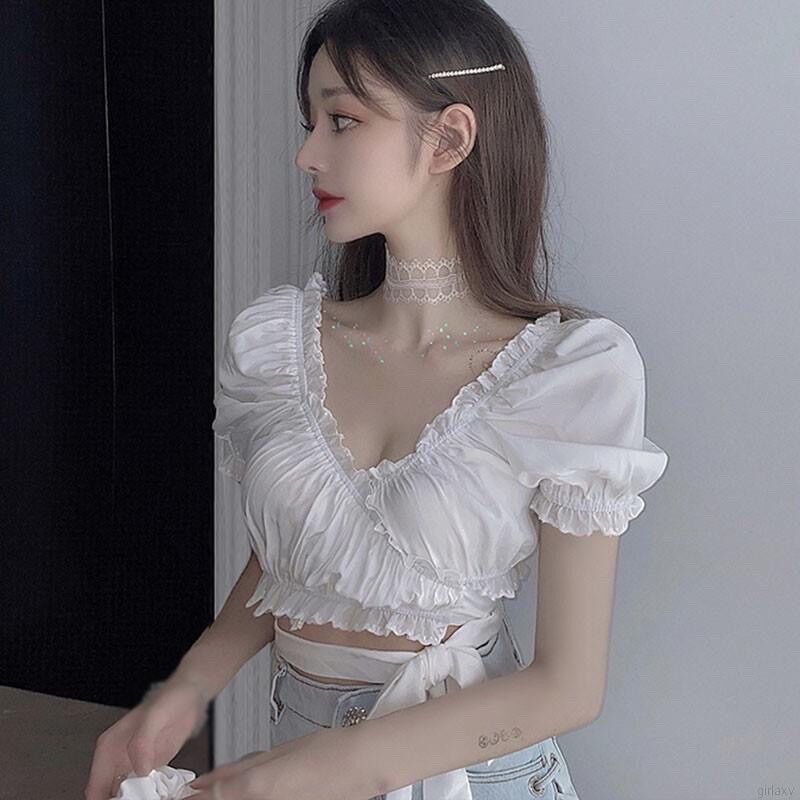 [HCM]ÁO CROPTOP BÈO CỔ V PHỐI DÂY CUỐN EO XINH A22