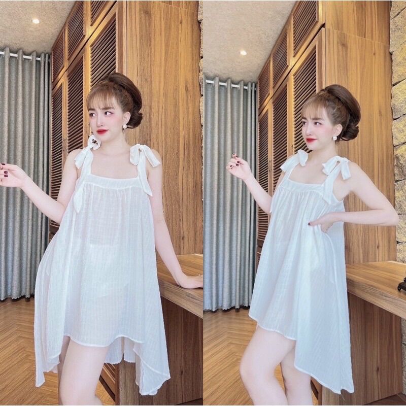 Đầm Ngủ Đũi Xốp Cột Nơ Siêu Dễ Thương