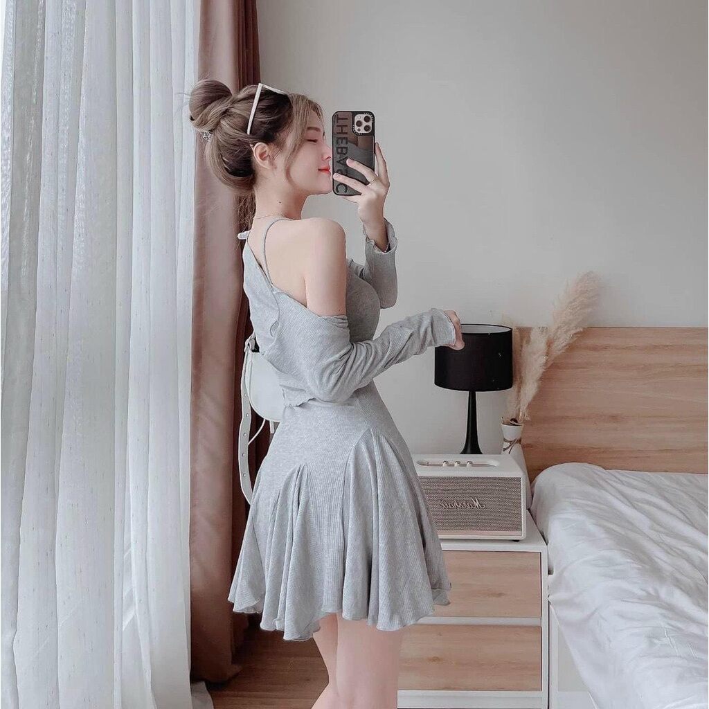 Set đầm dây xòe và áo khoác siêu xinh