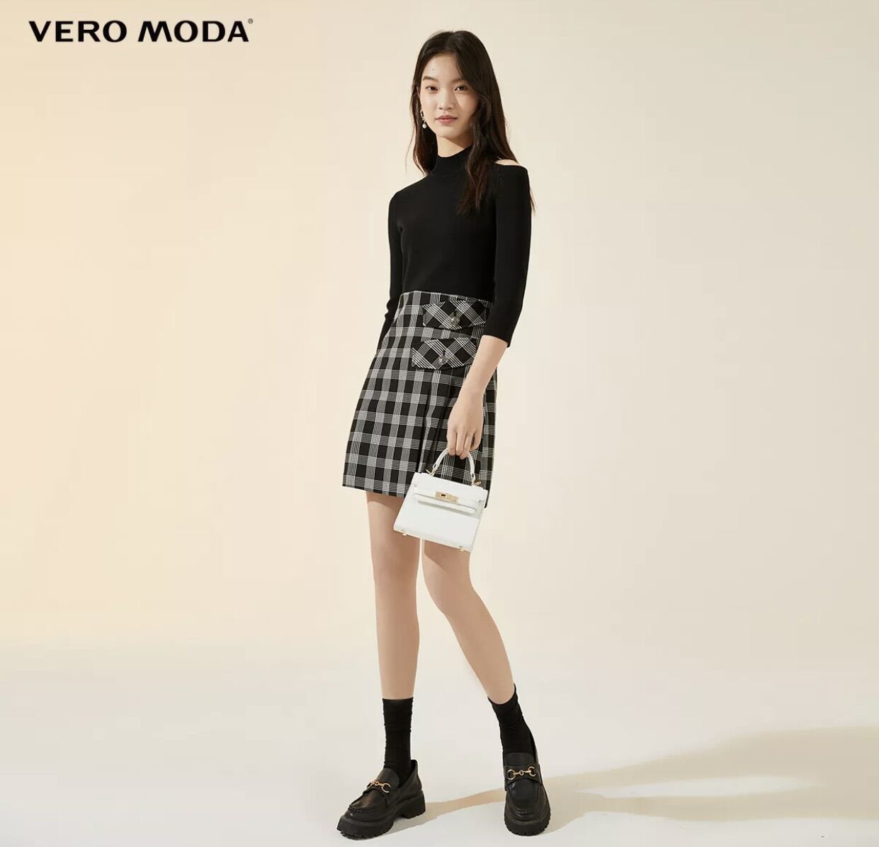 [SALE - Size M] Đầm len dệt kim phối chân váy kẻ Vero Moda