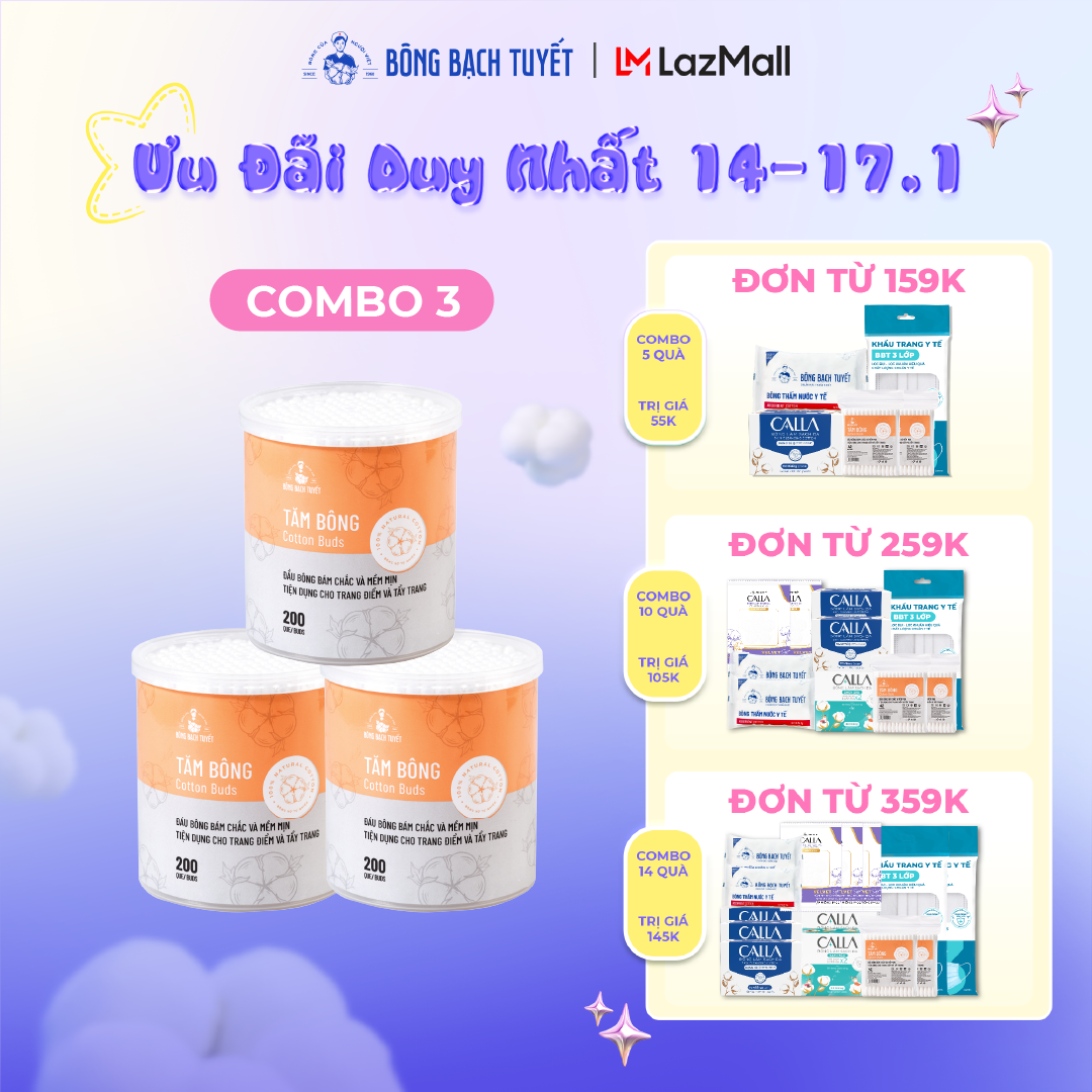Combo 3 Hộp Tăm bông Bông Bạch Tuyết (200 que/hộp tròn)