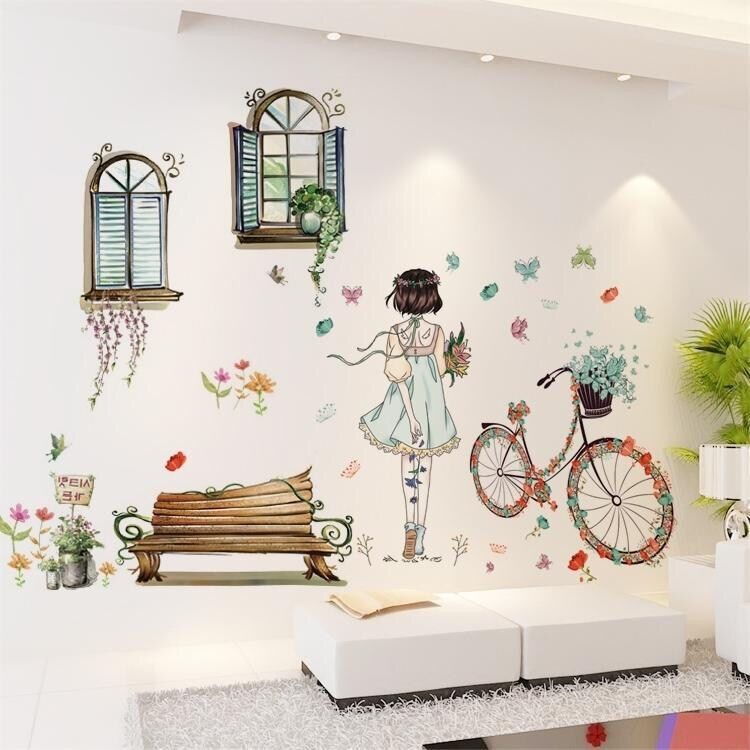 Decal dán tường cô gái xe đạp và cửa sổ