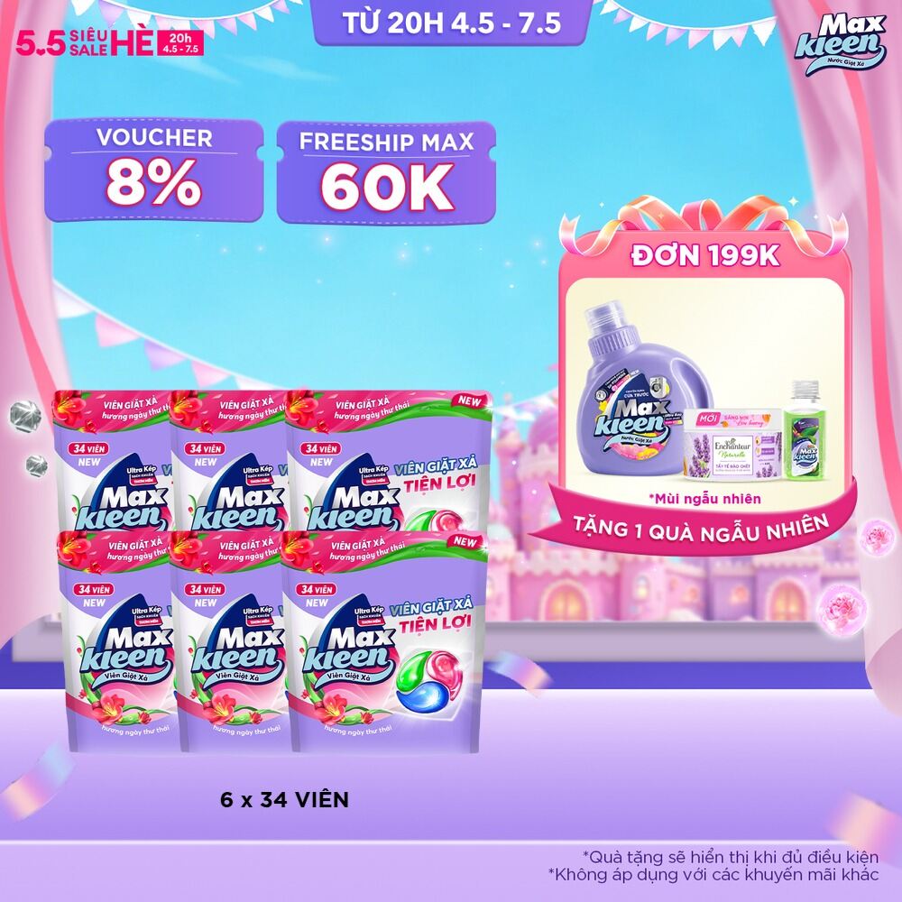 Combo 6 Túi viên giặt xả MaxKleen hương Ngày Thư Thái (34 viên/ túi)