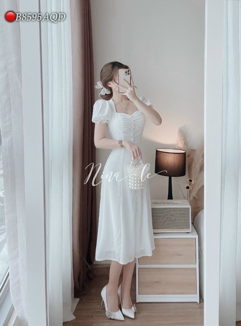 Đầm dáng dài trắng phối nút xinh đẹp BG