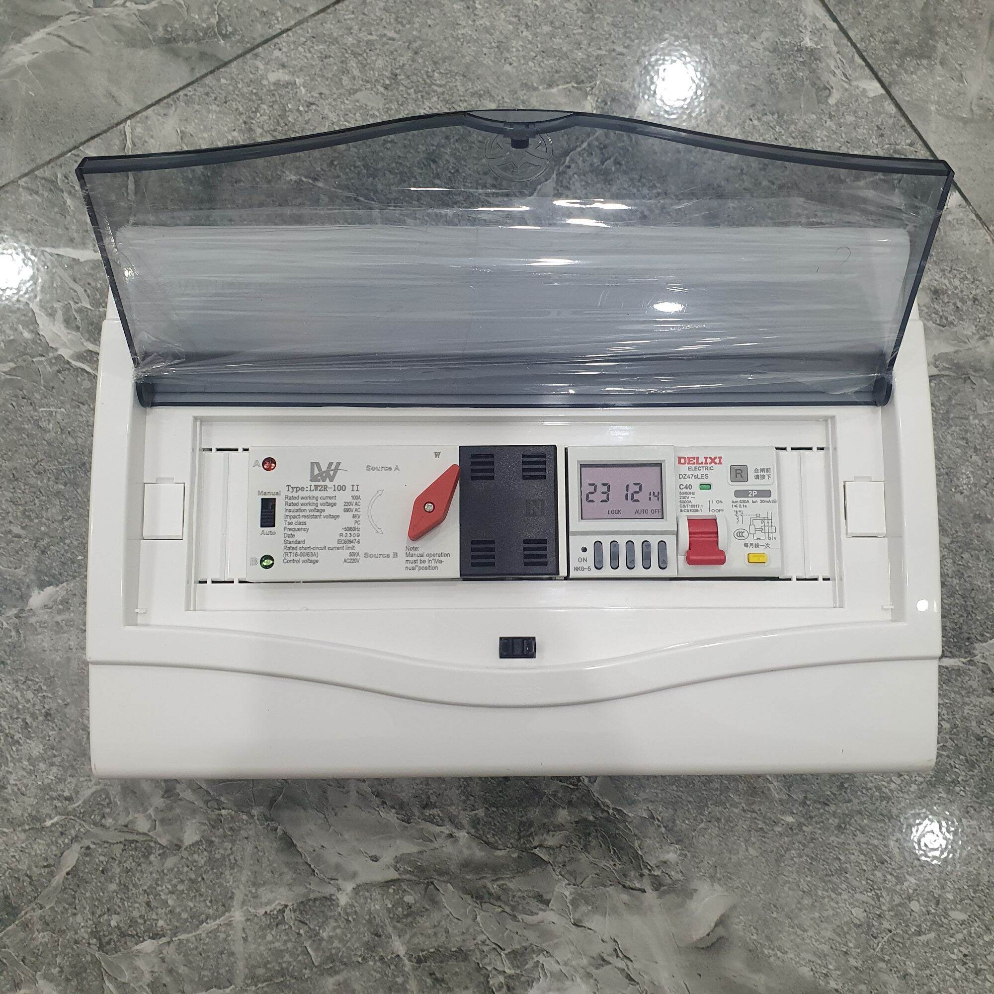 Tủ ATS đảo chiều 2 nguồn điện kèm chống giật Delixi - Tủ tổng đảo 2 công tơ 100A kèm át chống giật