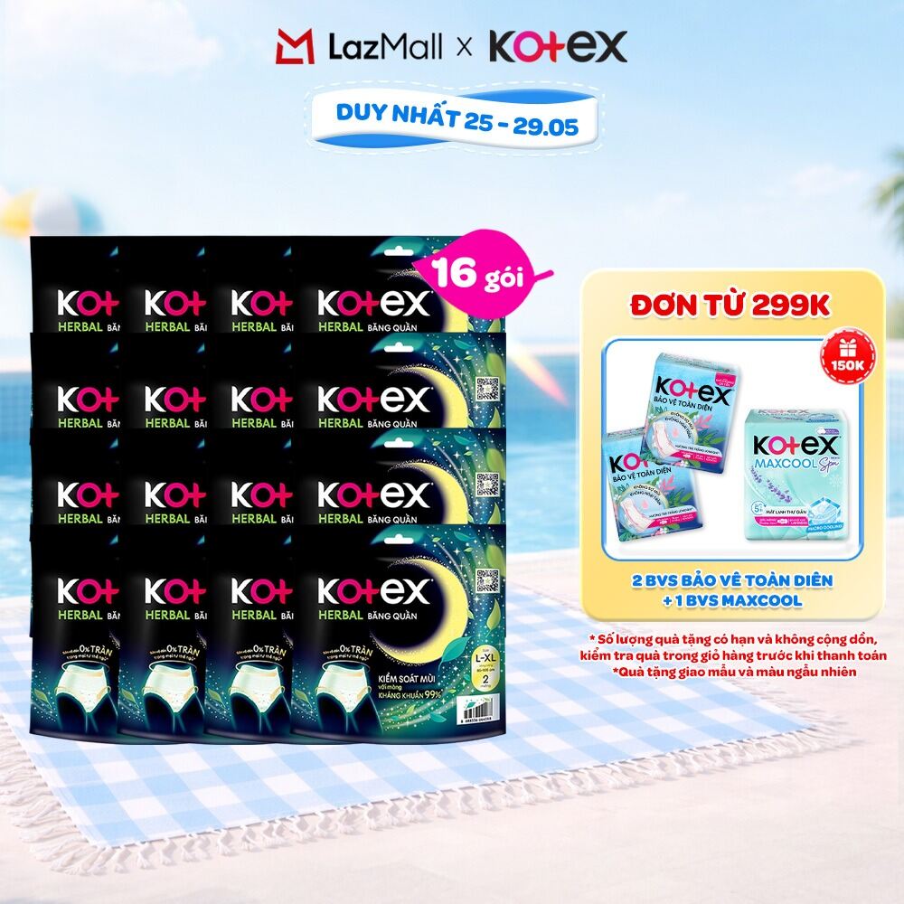 Combo 2/Combo 5/Combo 8/Thùng 16 gói/Băng vệ sinh quần Kotex Ban Đêm Thảo Dược Herbal L-XL 2 miếng