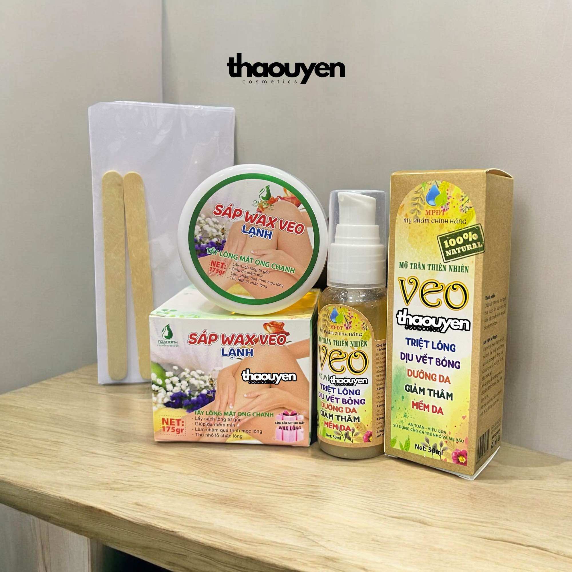 Combo sáp wax veo lạnh và mỡ trăn veo ngân bình tặng kèm que gỗ, giấy wax