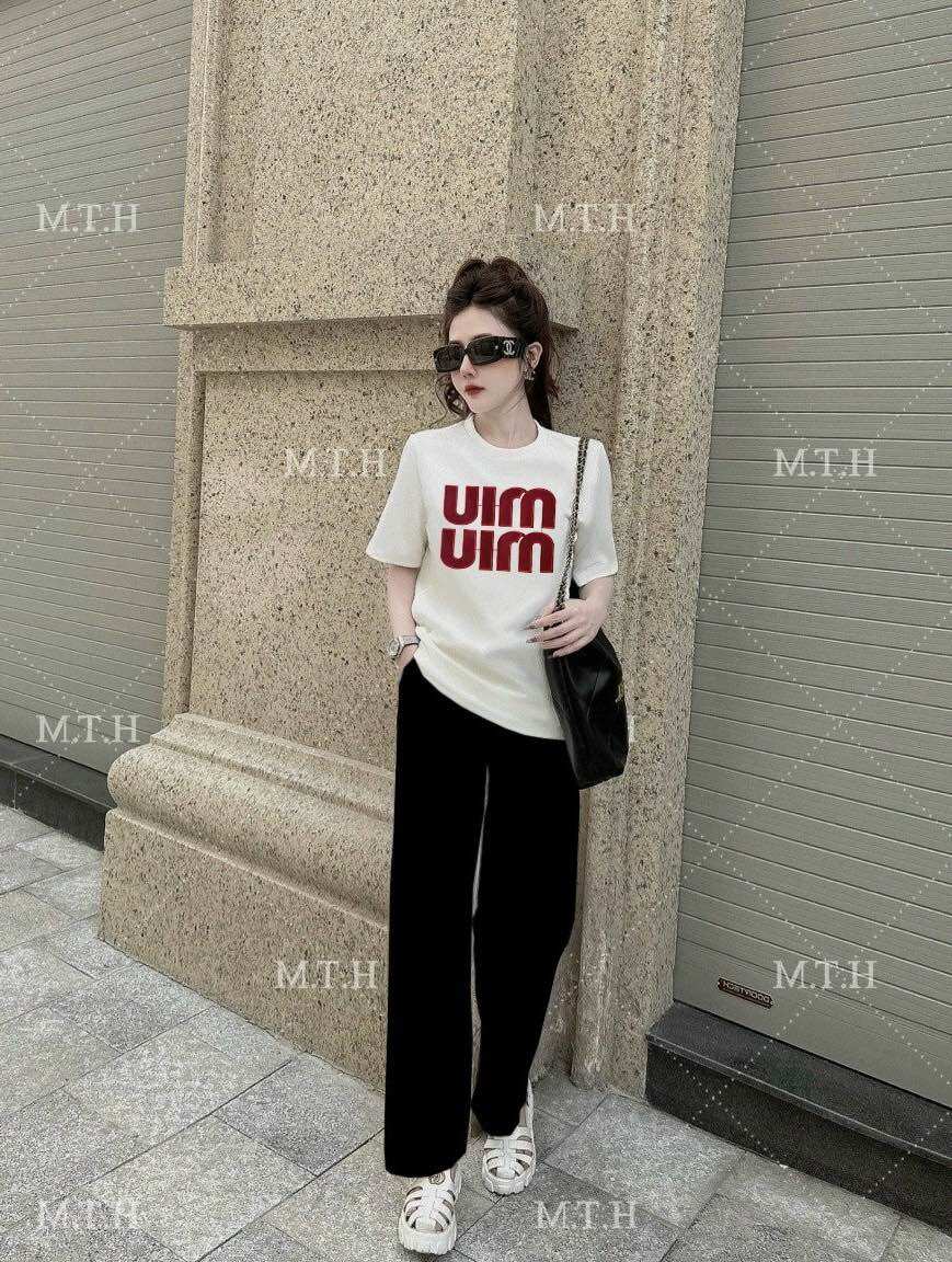 Sét bộ quần dài ống rộng thun cotton thêu lo go cao cấp