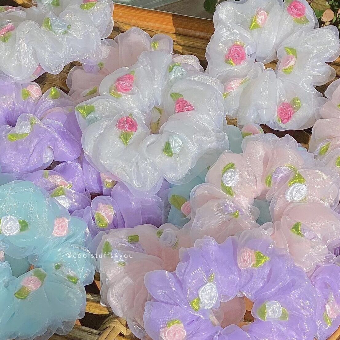 Buộc Tóc Scrunchies Thiết Kế 2 Lớp Thêu HOA HỒNG🌹Size Thường {Bảng Màu Hoa Hồng}