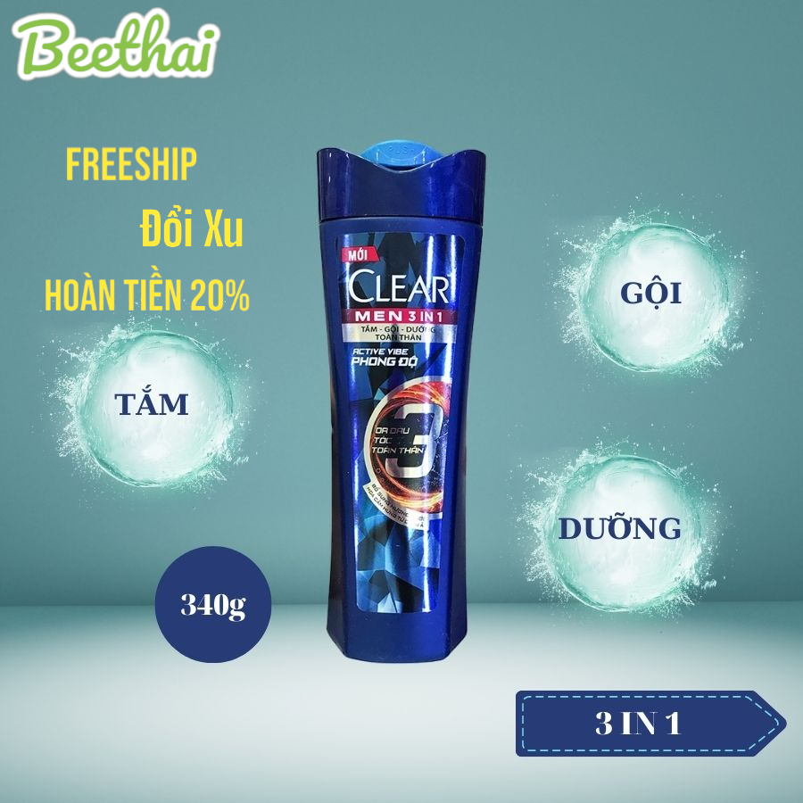 Dầu gội đầu clear men 340g, dầu gội bạc hà, active, clear men bạc hà, clear men active, hàng chính hãng unilever vn, nsx 11/2023