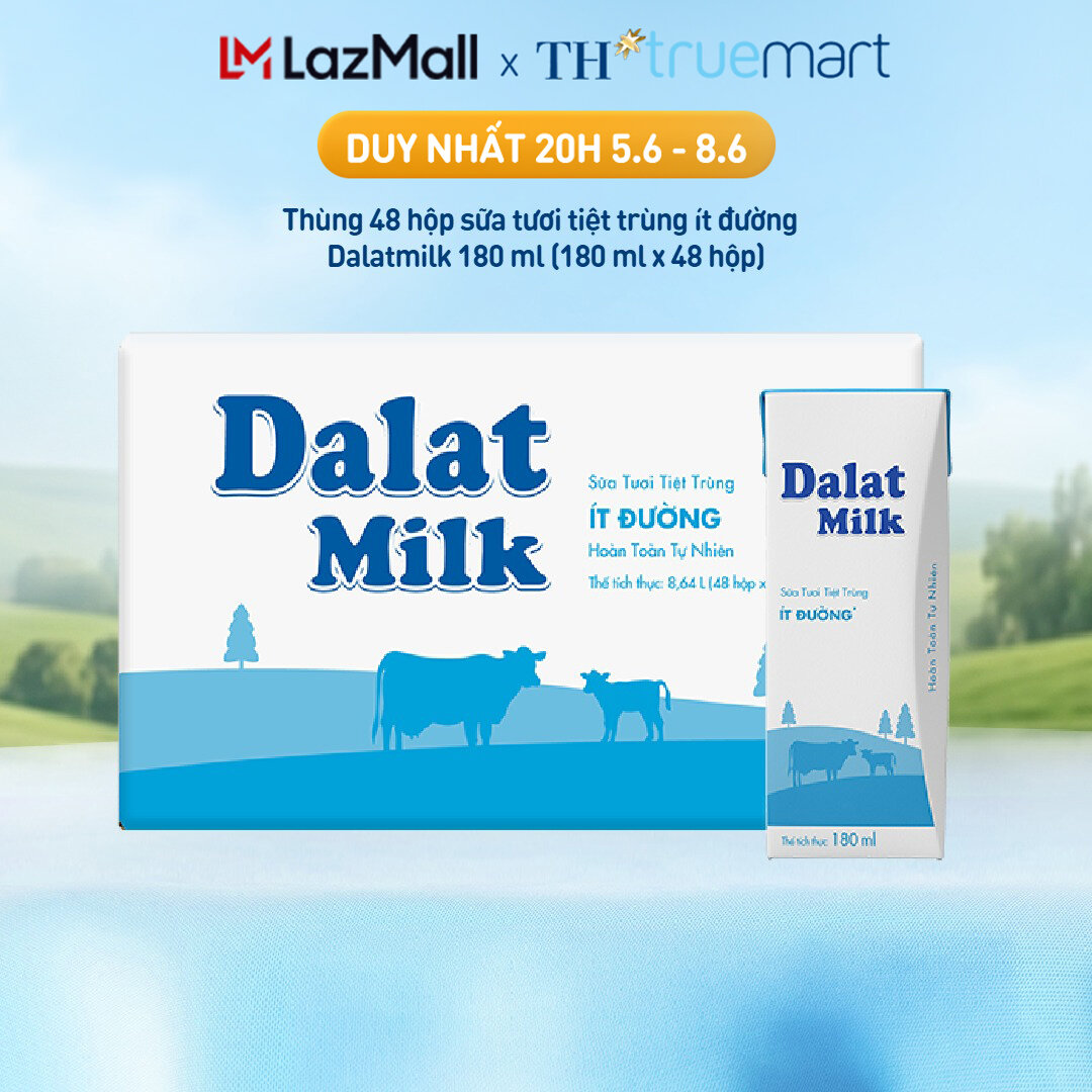 Thùng 48 hộp sữa tươi tiệt trùng Dalatmilk ít đường 180 ml (180 ml x 48)