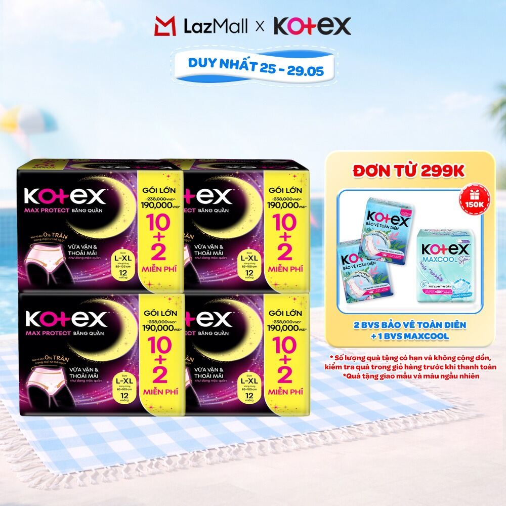 Combo 2/Combo 4/Combo 8/Băng Vệ Sinh Dạng Quần Kotex Ban Đêm Cỡ L/XL (10+2) Miếng/Gói