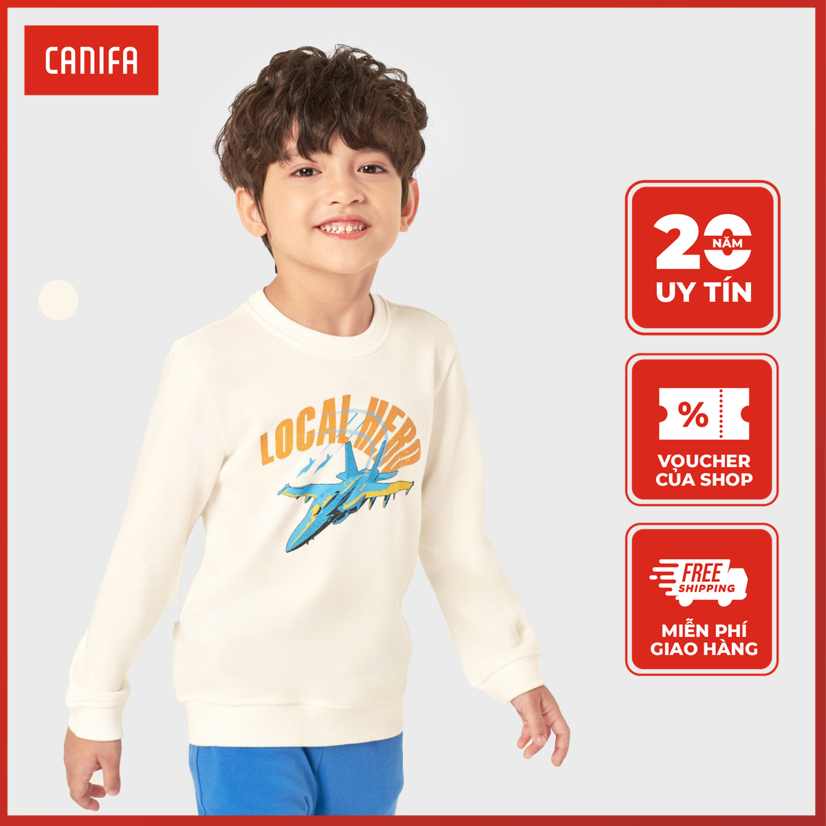 Áo nỉ bé trai có hình in canifa áo nỉ chất liệu cotton pha, cổ tròn tay dài. 2tw22w038