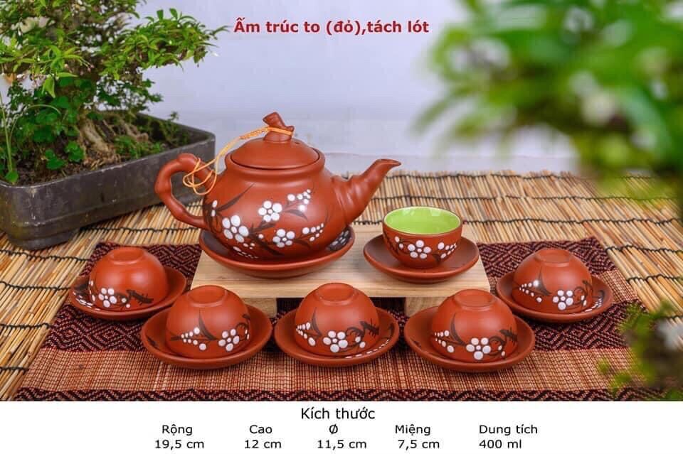 Bộ ấm chén Bát Tràng tử sa in hình hoa mai lòng xanh nhạt sang trọng