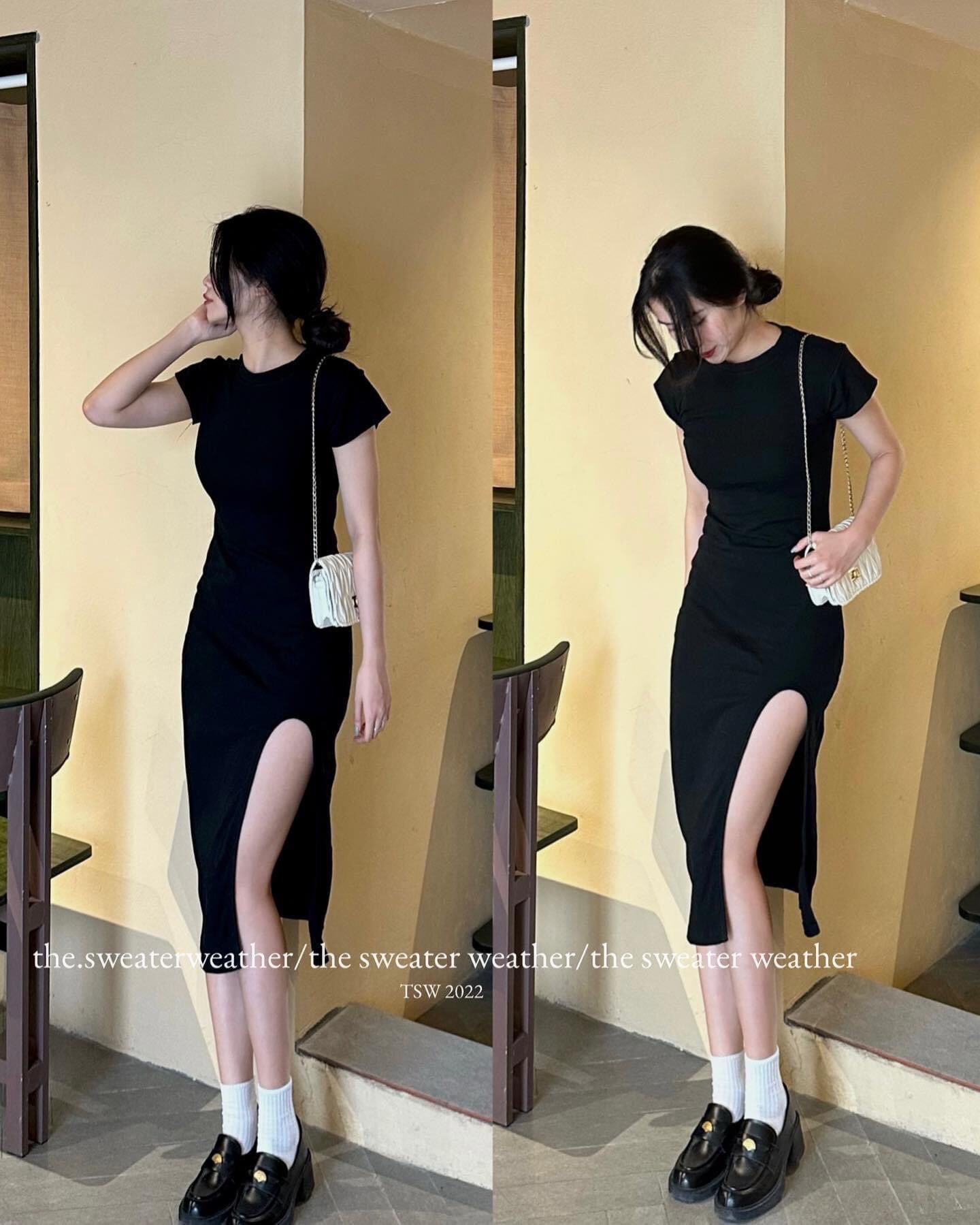 Váy body nữ dáng dài ngắn tay siêu tôn dáng