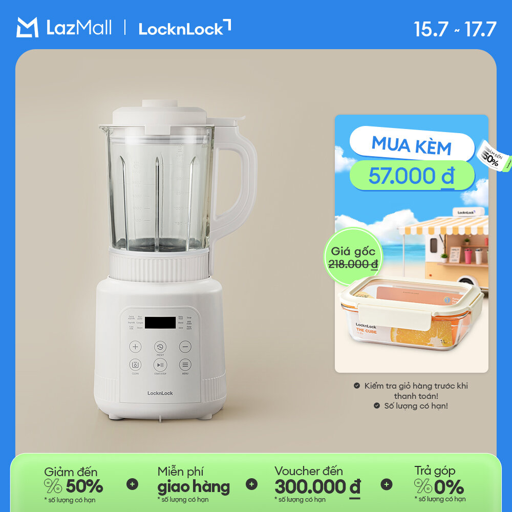 Máy làm sữa hạt đa năng LockLock Bianco heating blender 1.75L Màu ngà EJM486IVY dao 3 lớp, 5 chế độ nấu, hẹn giờ 24h