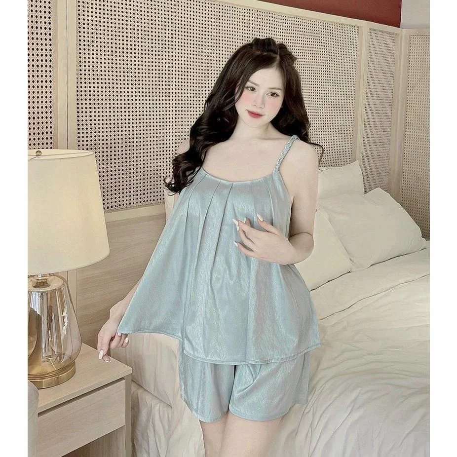 [HCM]Đồ bộ ngủ 2 dây phi lụa đùi ngắn dễ thương cho nữ