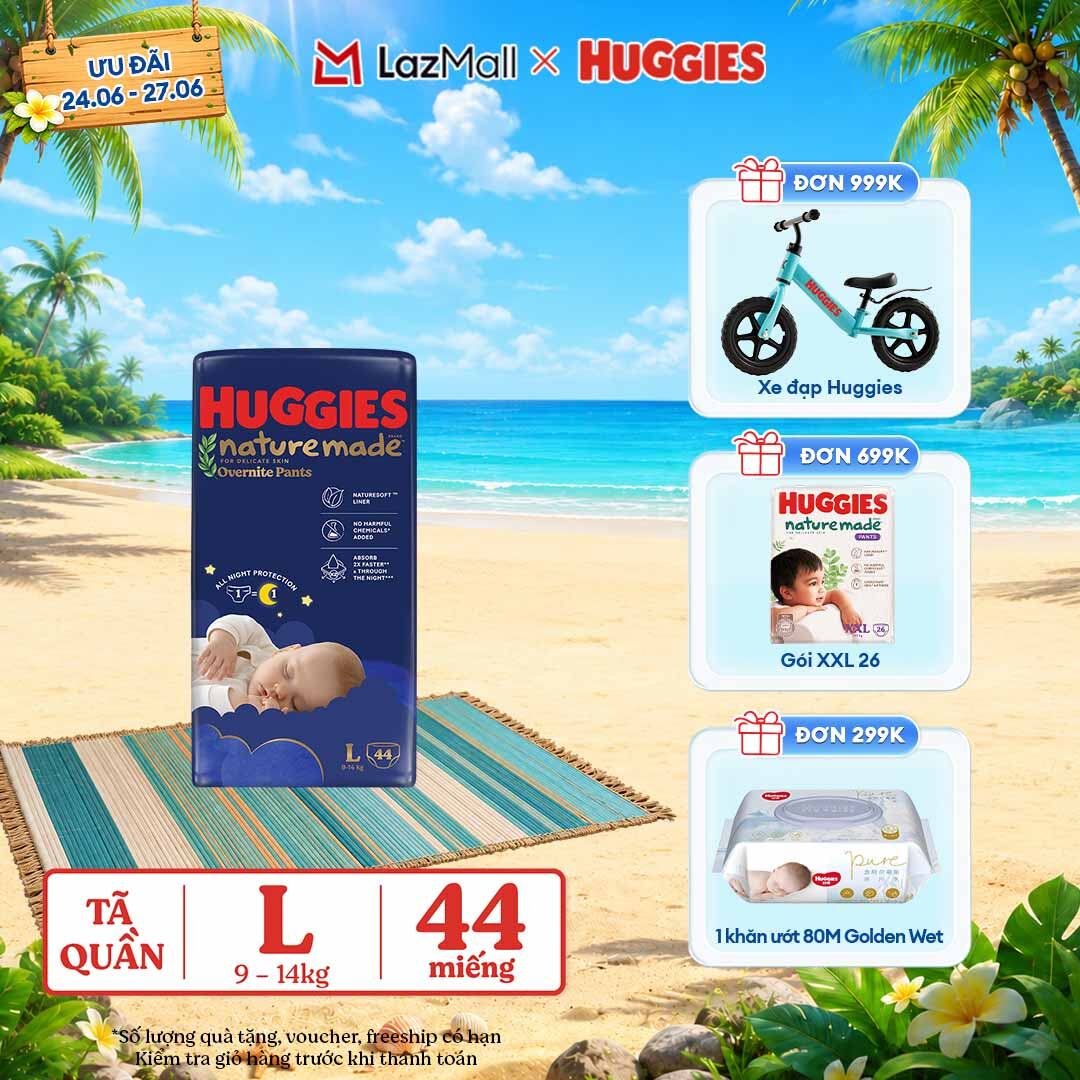 [Chỉ 25-29.06 QUÀ TẶNG ĐƠN 399K](Mua 1 tặng 1) Tã quần Huggies Naturemade ban đêm L44