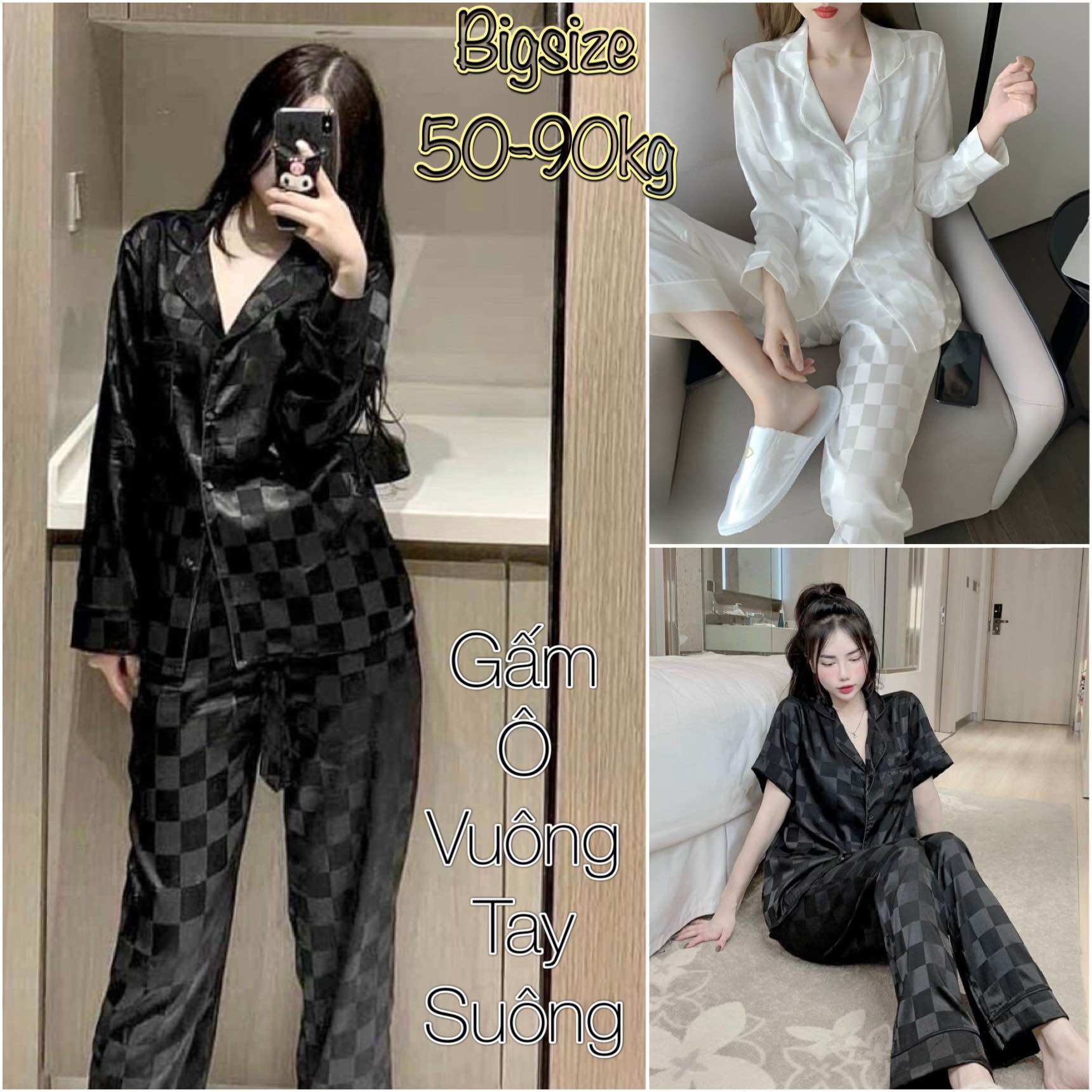 Bigsize 55-90kg đồ bộ lụa gấm ô vuông tay ngắn - tay dài tay suông