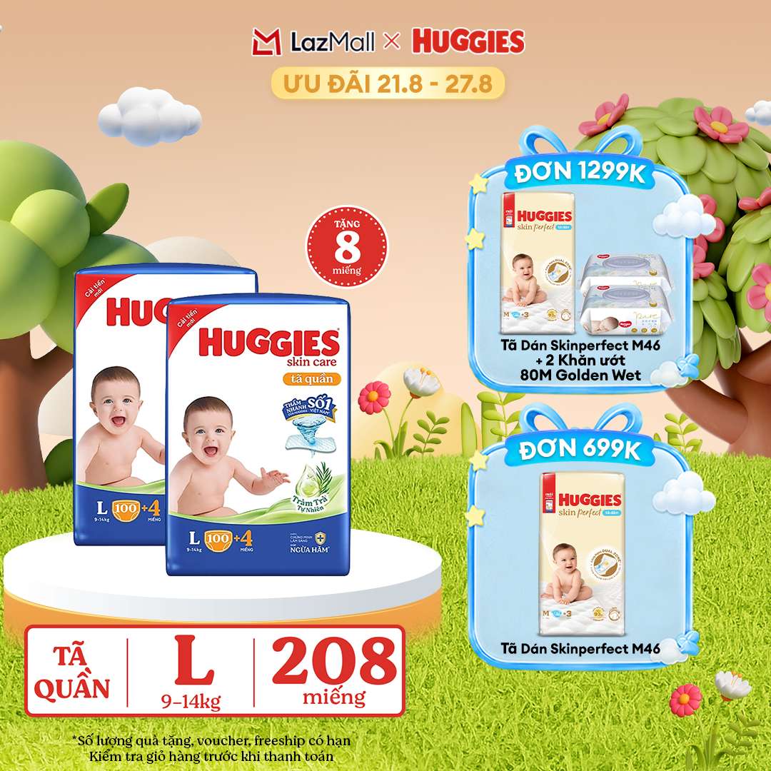 [17-24.08 GIẢM THÊM 90K]  Combo 2 Gói Tã/bỉm quần HUGGIES SKINCARE MEGA JUMBO size L100+4 miếng