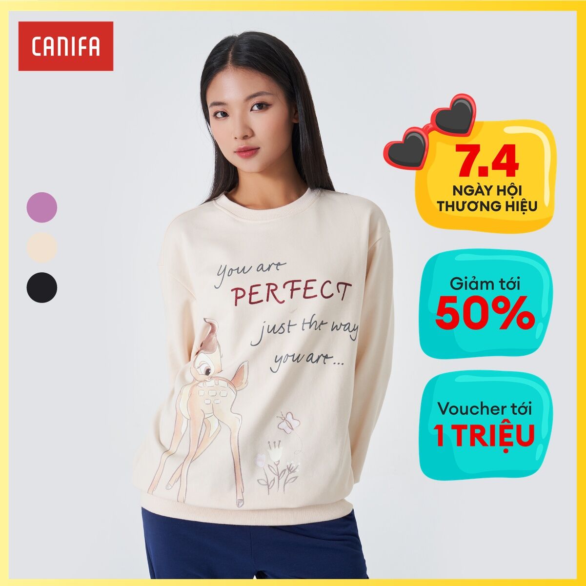[CHỈ 7.4 VOUCHER GIẢM ĐẾN 1 TRIỆU] Áo nỉ nữ có hình in CANIFAÁo nỉ chất liệu cotton pha, cổ tròn tay dài MS24 6TW22W015
