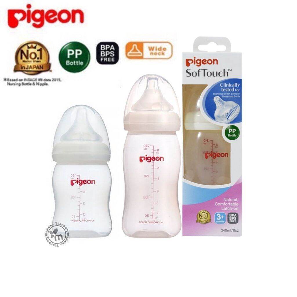Bình sữa pigeon Softouch cổ rộng 160ml/240ml [tặng kèm 1 núm ti thay thế đủ size]