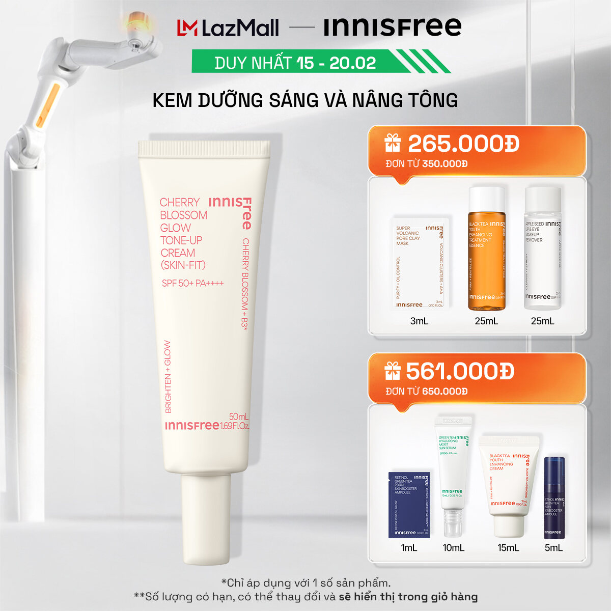 Kem dưỡng ẩm làm sáng chống nắng cho da INNISFREE Jeju Cherry Blossom Skin-Fit Tone-Up Cream SPF 50+