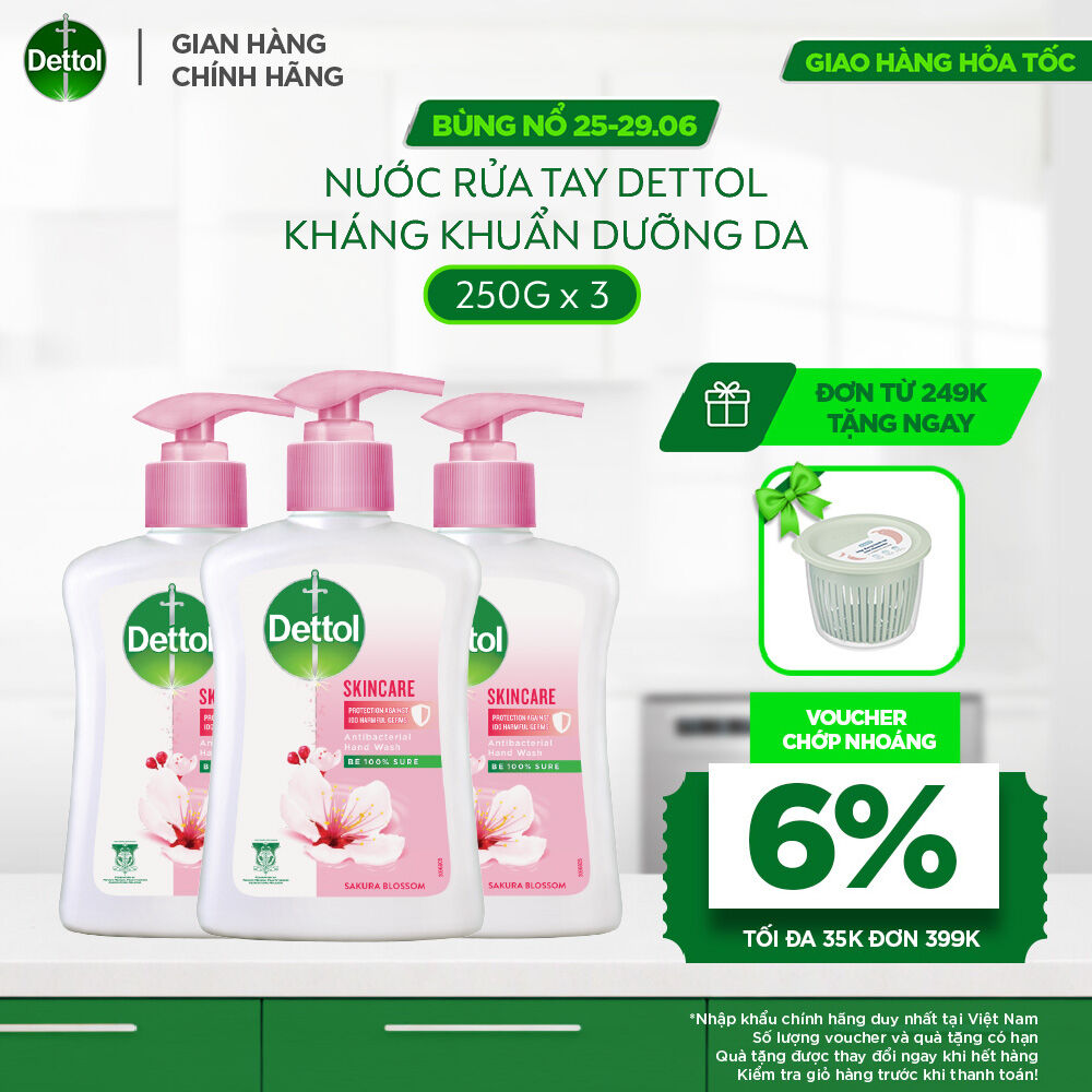 Combo 3 nước rửa tay Dettol kháng khuẩn dưỡng da, hương hoa anh đào - Chai 250g