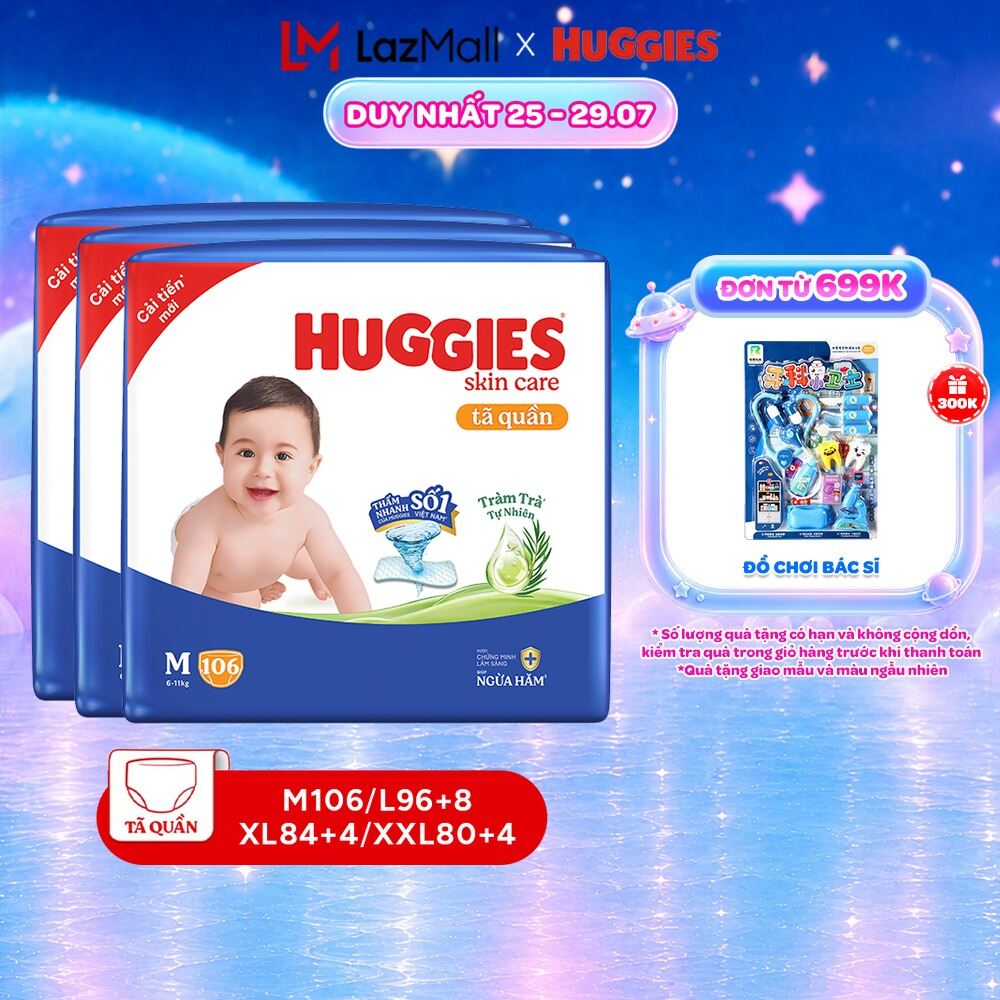 Combo 3 gói Tã quần Huggies Skincare Mega Jumbo M106/L100+4/XL84/XXL76 với tràm trà dịu da