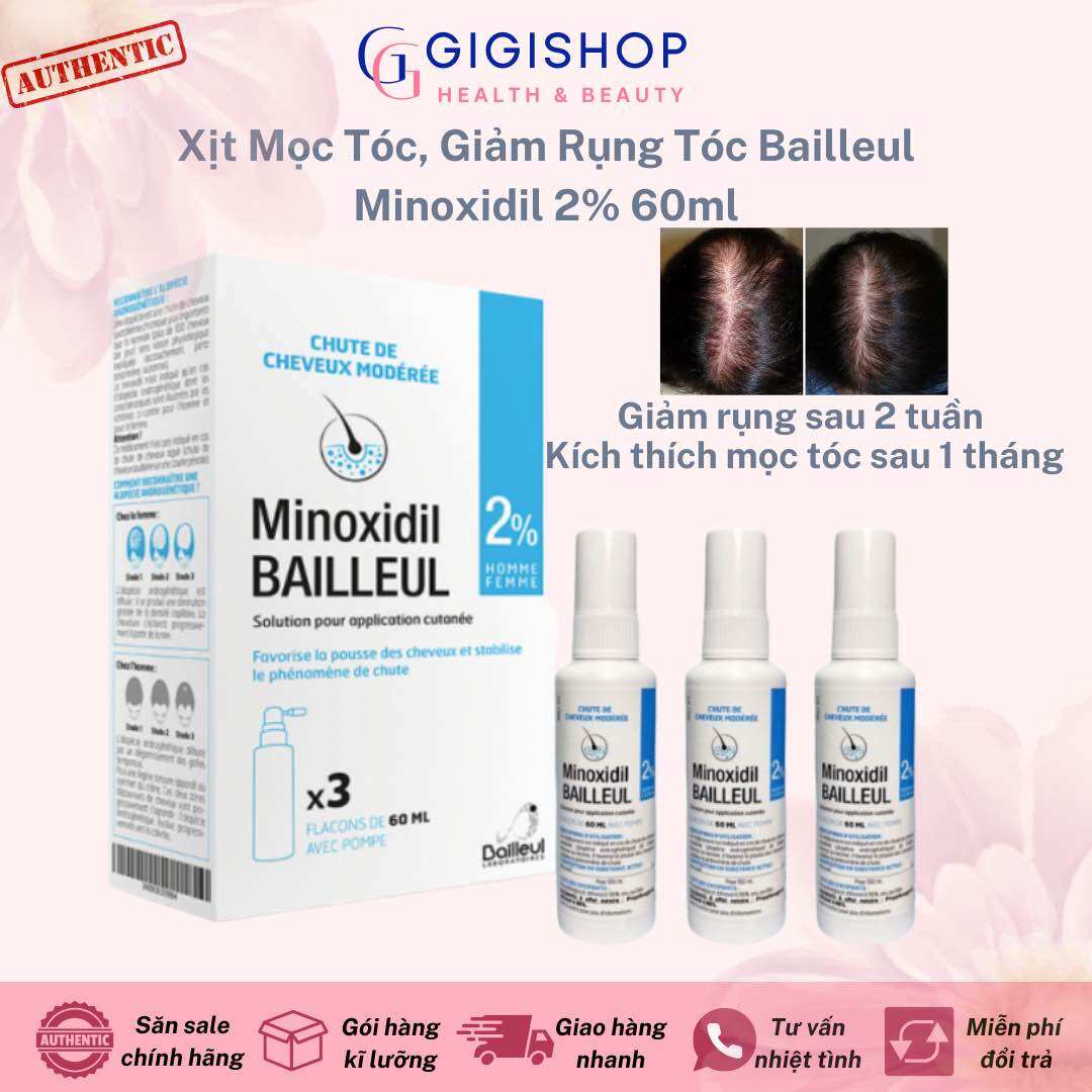 Xịt mọc tóc giảm rụng tóc minoxidil bailleul 2% hộp 3x60ml