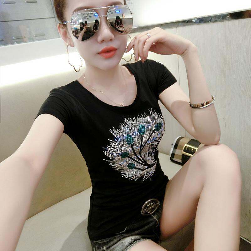 Áo Thun Ngắn Tay Cotton Trang Phục Nữ Cỡ Lớn Đính Đá Mùa Hè Phong Cách Hàn Quốc Cho Nữ Áo Mặc Trong Tôn Dáng Cổ Tròn Áo Dễ Phối Tay Lỡ
