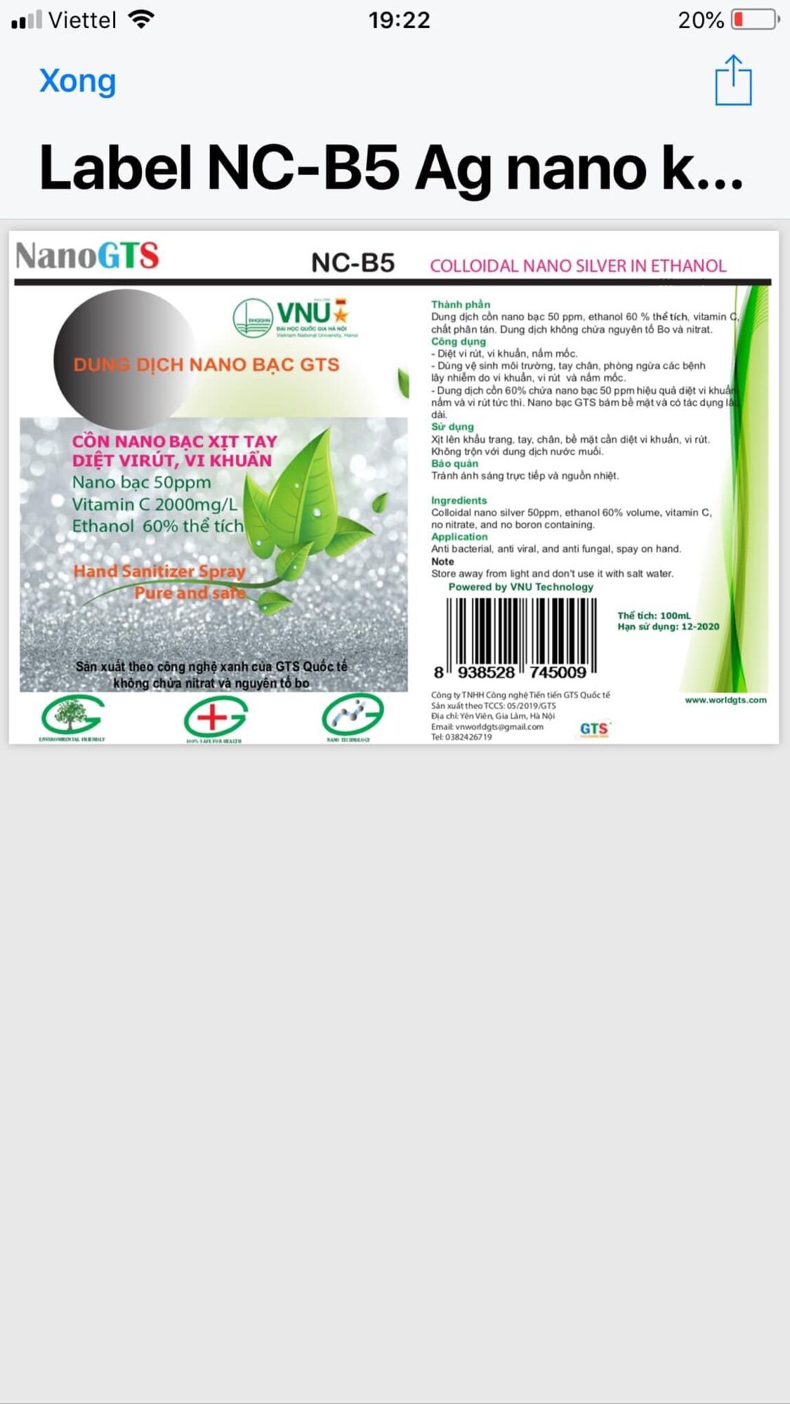 SÁT KHUẨN NANO BẠC 100ml ( Mua 10 tặng 1 )