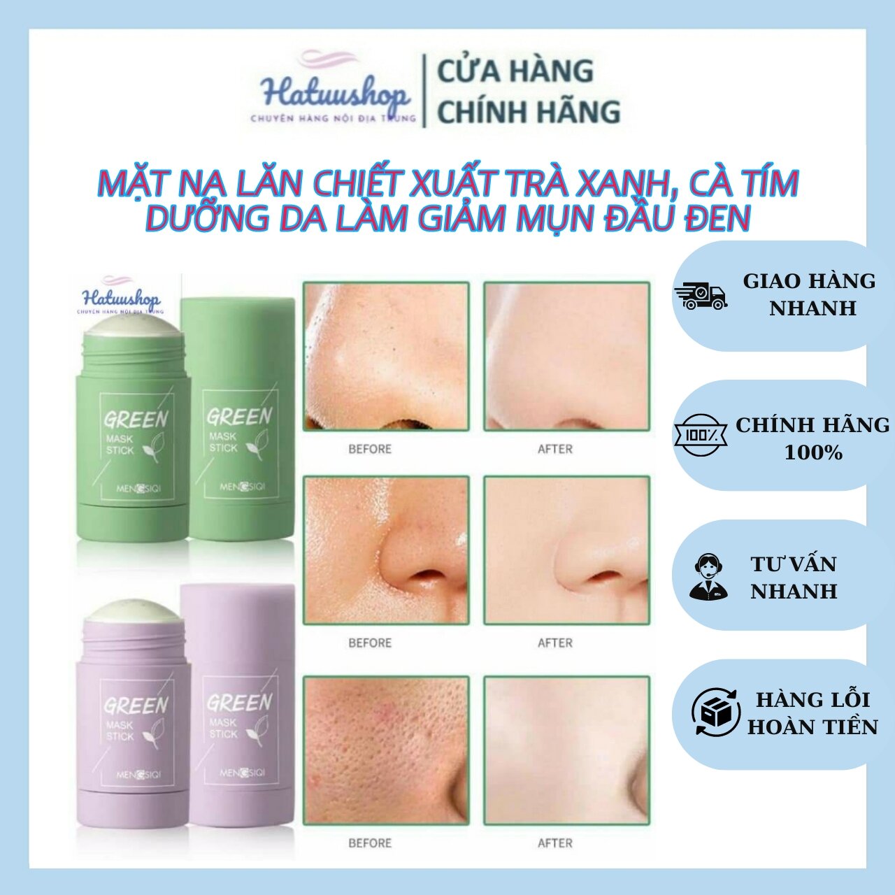 Mặt Nạ Bùn Chiết Xuất Trà Xanh, Cà Tím Giúp Làm Trắng Da, Se Khít Lỗ Chân Lông, Loại Bỏ Mụn Đầu Đen Dạng Thỏi