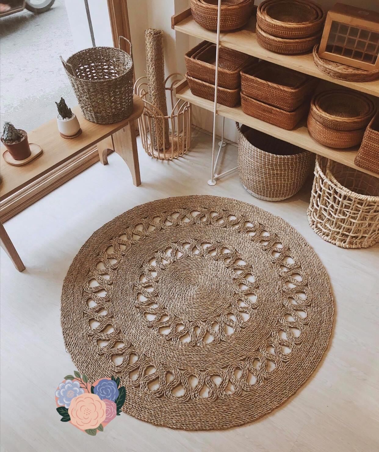 Thảm cói tròn hoa chanh trải sàn phòng khách, phòng ngủ, quán cafe, nhà hàng, homestay, thảm cói treo tường Vintage Cói Xanh Thái Nam