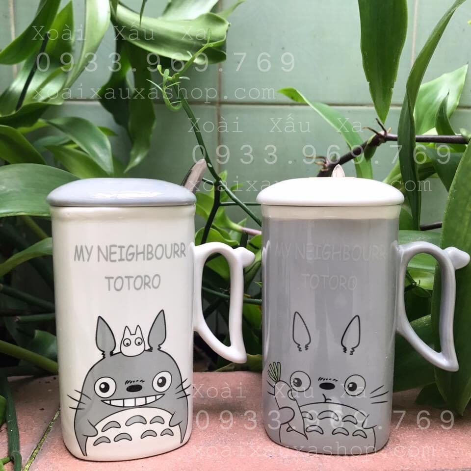 Ly uống nước hoạt hình totoro bằng sứ có nắp đậy, quai cầm kèm muỗng siêu đáng yêu