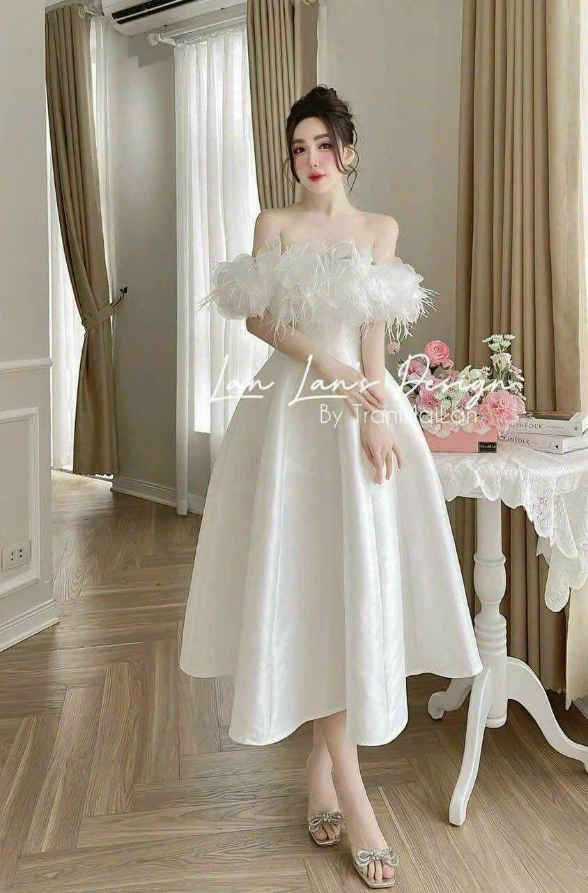 Đầm xòe chất liệu tapta phối bèo đính đá trễ vai xẻ ngực dáng midi chiết eo siêu tôn dáng
