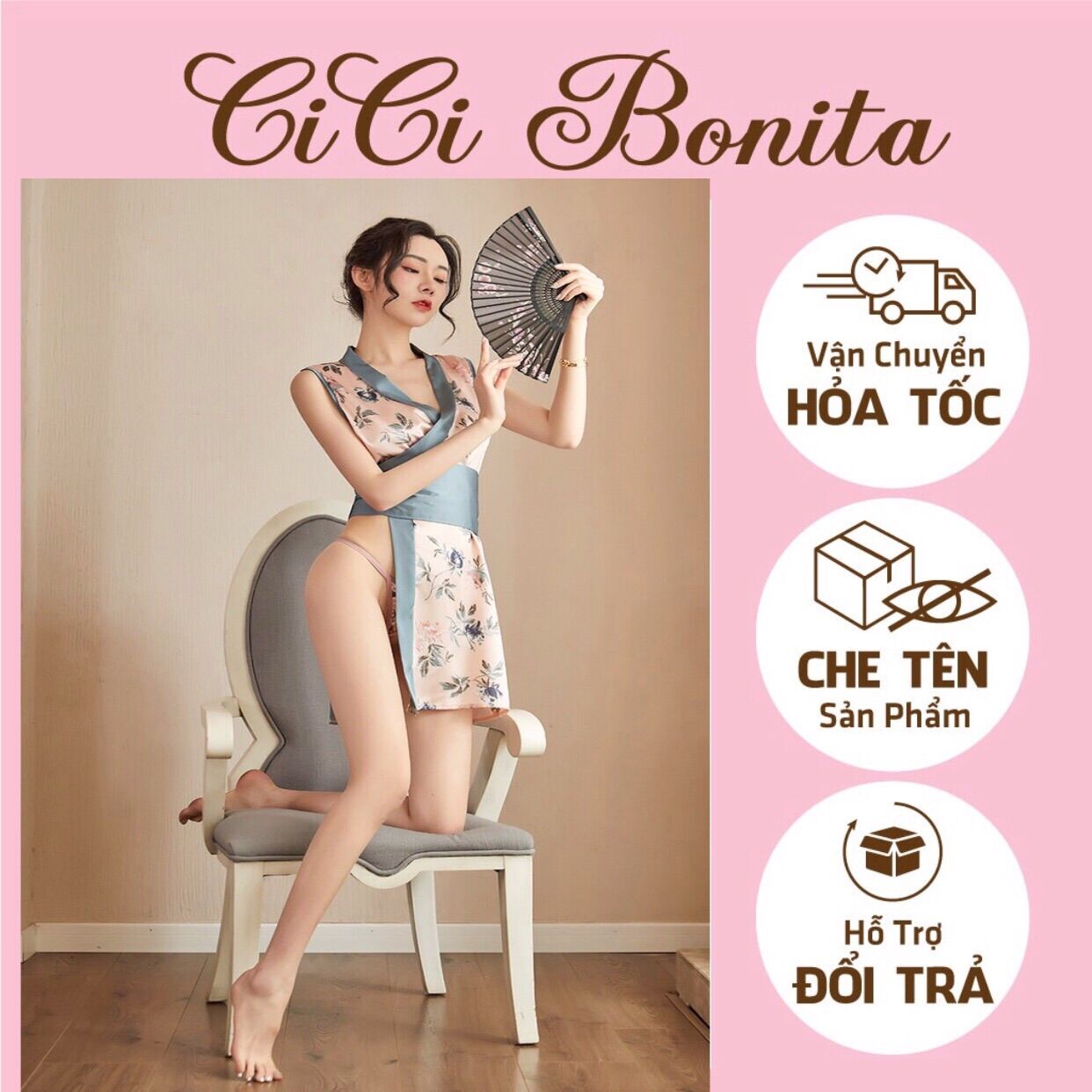 Áo choàng ngủ xẻ tà kimono sexy lụa cát cao cấp màu xanh,đen phối hoa