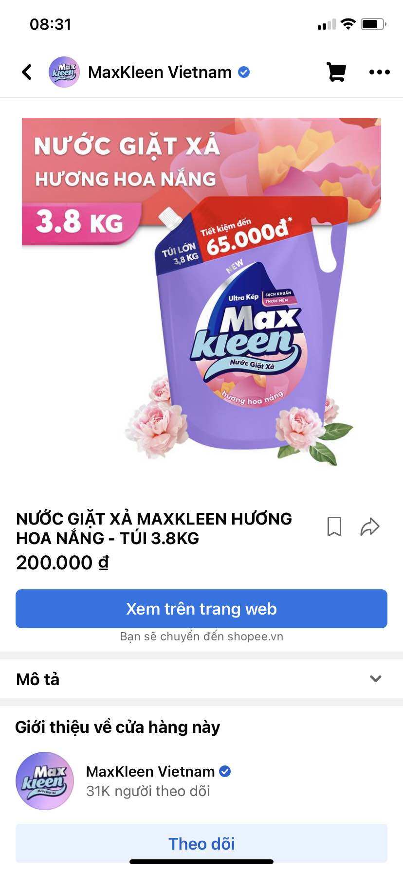 Nước giặt xả MaxKleen túi khổng lồ 3,8kg