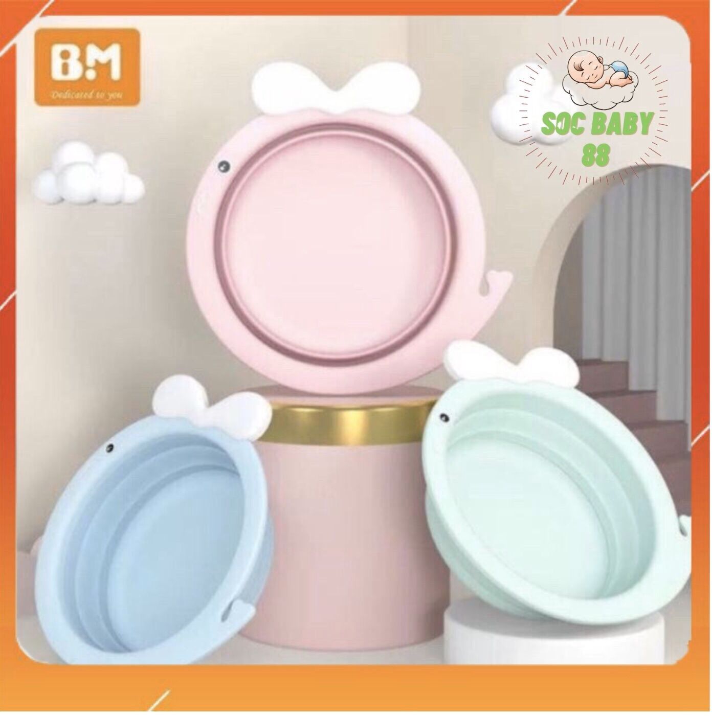 Chậu rửa mặt gấp gọn hình cá heo cho bé, chậu gấp gọn soc baby 88 hình cá heo cho bé
