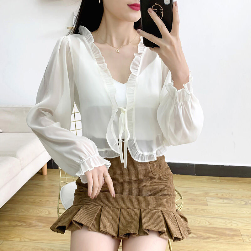 Áo Choàng Vai Mặc Ngoài Mùa Hè Phối Váy Hai Dây Áo Chống Nắng Chiffon Áo Choàng Áo Khoác Nhỏ Dài Tay Nữ Mẫu Mỏng Kiểu Ngắn