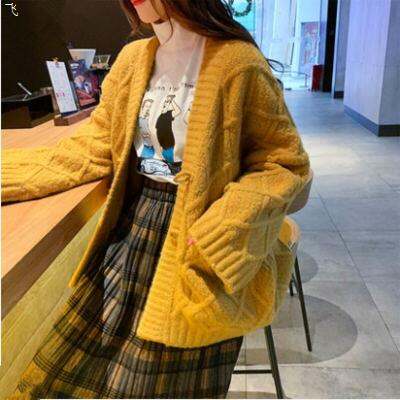 Áo Cardigan Đỏ Cardigan Áo Len Cài Sừng Trâu Vặn Thừng Thô Phong Cách Lười Rộng Rãi Phong Cách Hàn Quốc Thu Đông 2021 Áo Khoác Nữ Mặc Ngoài