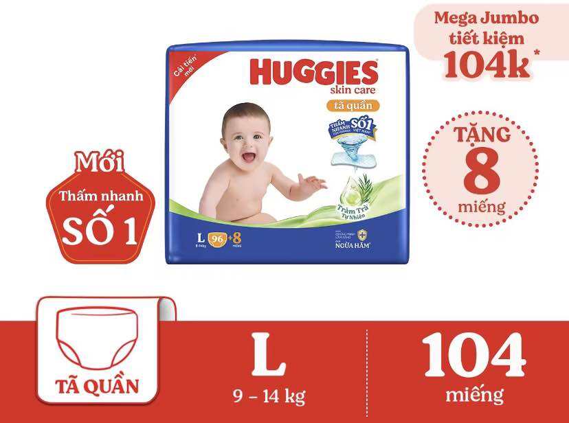 Tả quần Huggies Skincare L104 (96+8) miếng siêu thấm