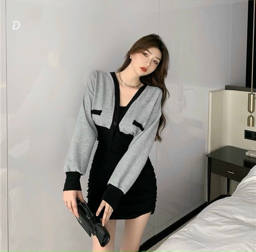 Set 2 Món Đầm Gân Kèm Cardigan Phối Viền