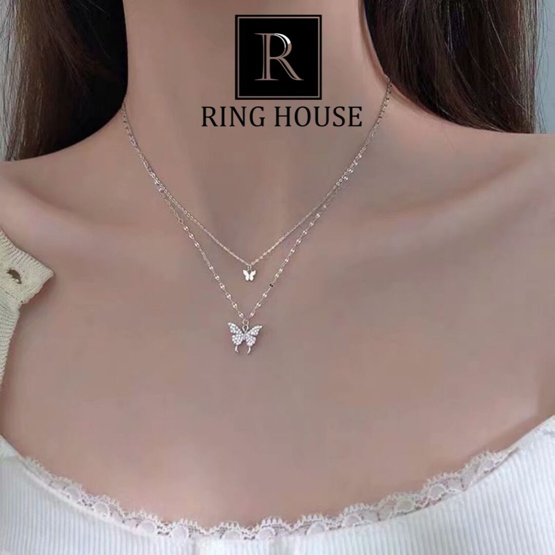 N9 dây chuyền vòng cổ nữ double dây con bướm bạc titan không đen ring house