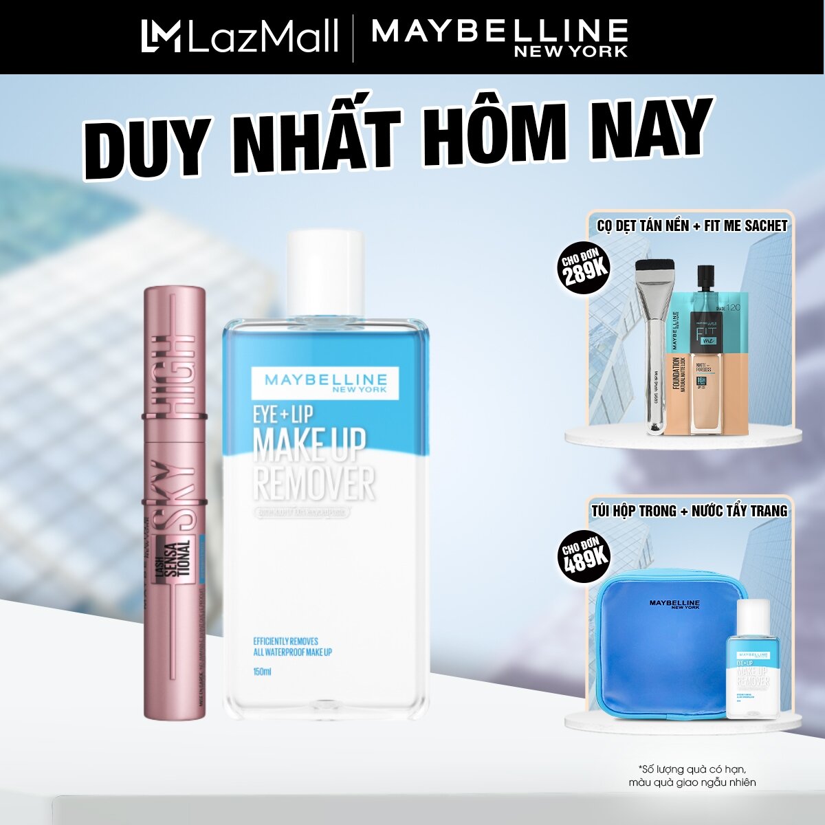 Mascara Sky High Tơi Dài Mi Không Giới Hạn Maybelline New York Waterproof và Nước Tẩy Trang Mắt và Môi Chuyên Dụng 2 lớp Maybelline New York Eye & Lip Makeup Remover 150ml