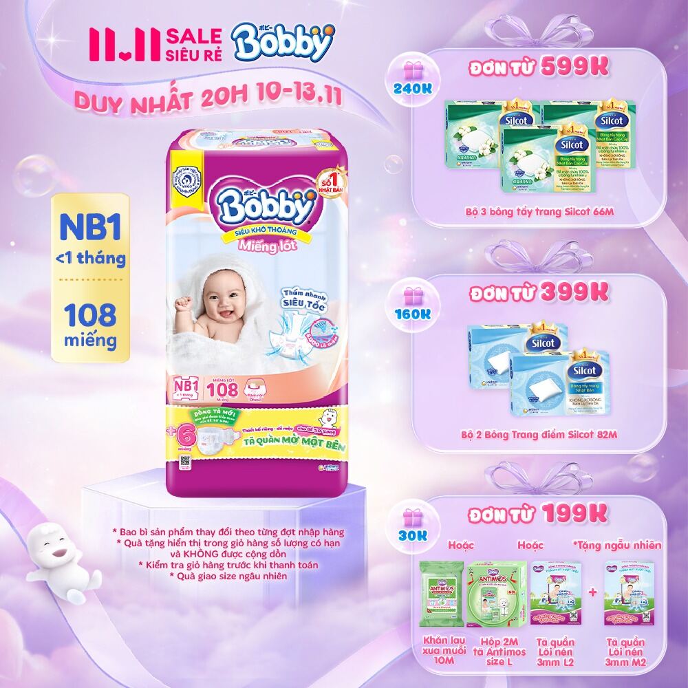 Miếng lót sơ sinh Bobby Newborn NB1 - 108 miếng - Siêu thấm khô thoáng (Tặng thêm 6 miếng Tã Quần Mở