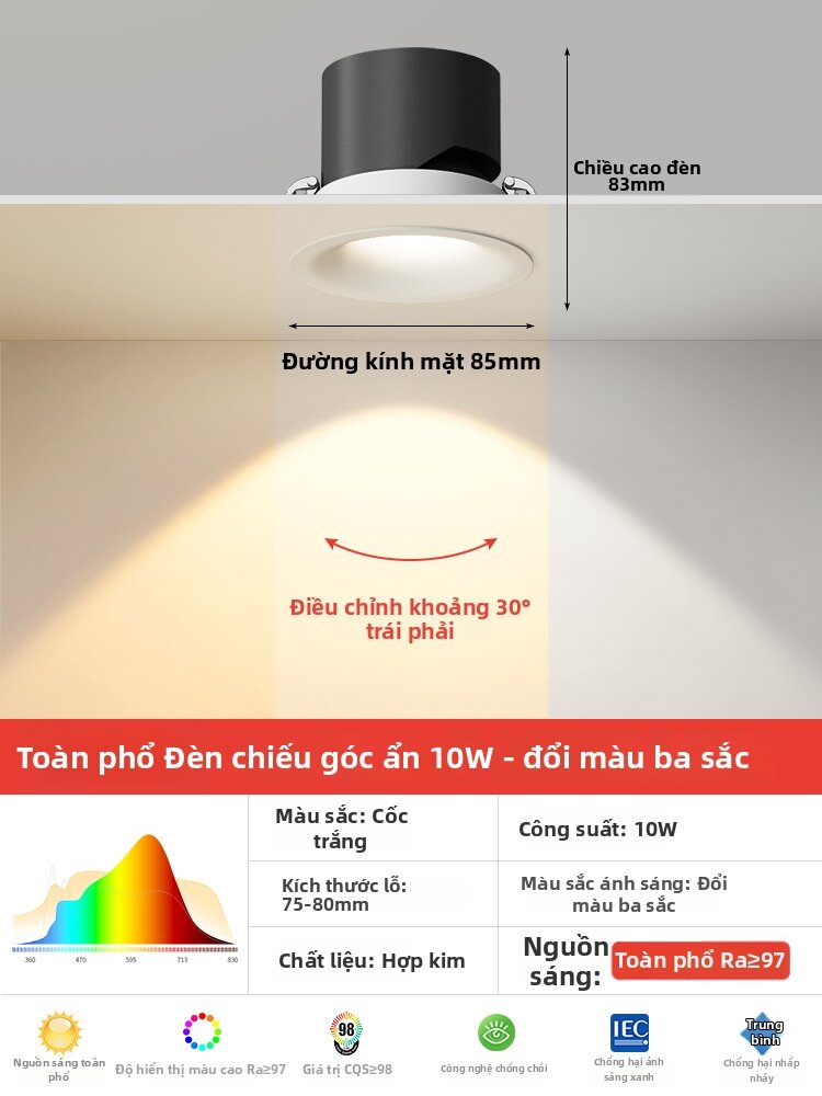 TONGZHIGUANG | Đèn Downlight Chống Chói Không Viền Bảo Vệ Mắt